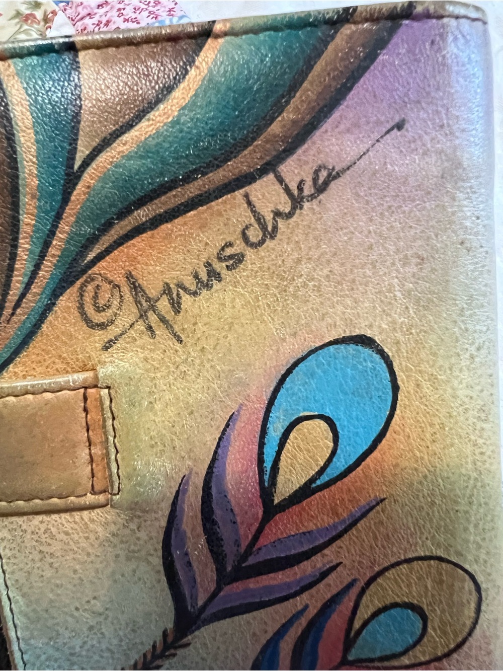 Anuschka Vintage Hand Painted Genuine Leather Trifold Wallet Boho Peacock Art - Picture 8 of 9